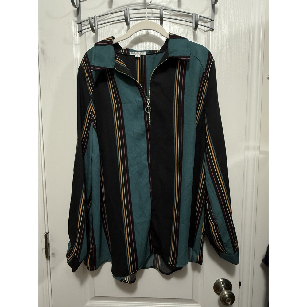 Ophelia Roe Blouse Womens 1X Multi Stripe Quarter Zip Roll Tab Sleeve Tunic